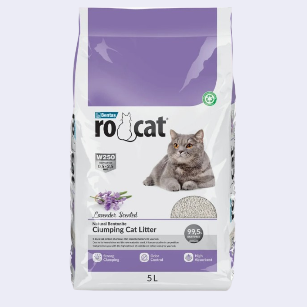 Litière pour chat agglomérante pour chat Rocat Bébé Powder parfumée à la Lavande 5L