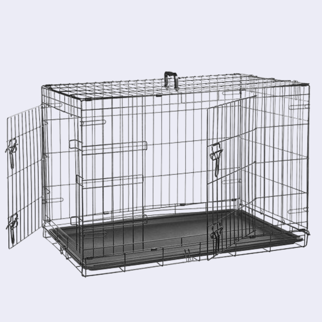 Cage pour chien avec 2 portes, plateau en plastique amovible et pliable en métal